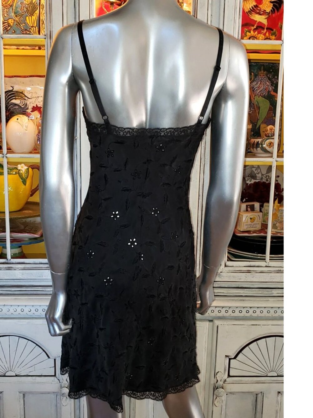 Vintage Betsey Johnson ULTRA Black Silk Embroidered Floral Lace Slip Dress Small - Picture 7 of 15